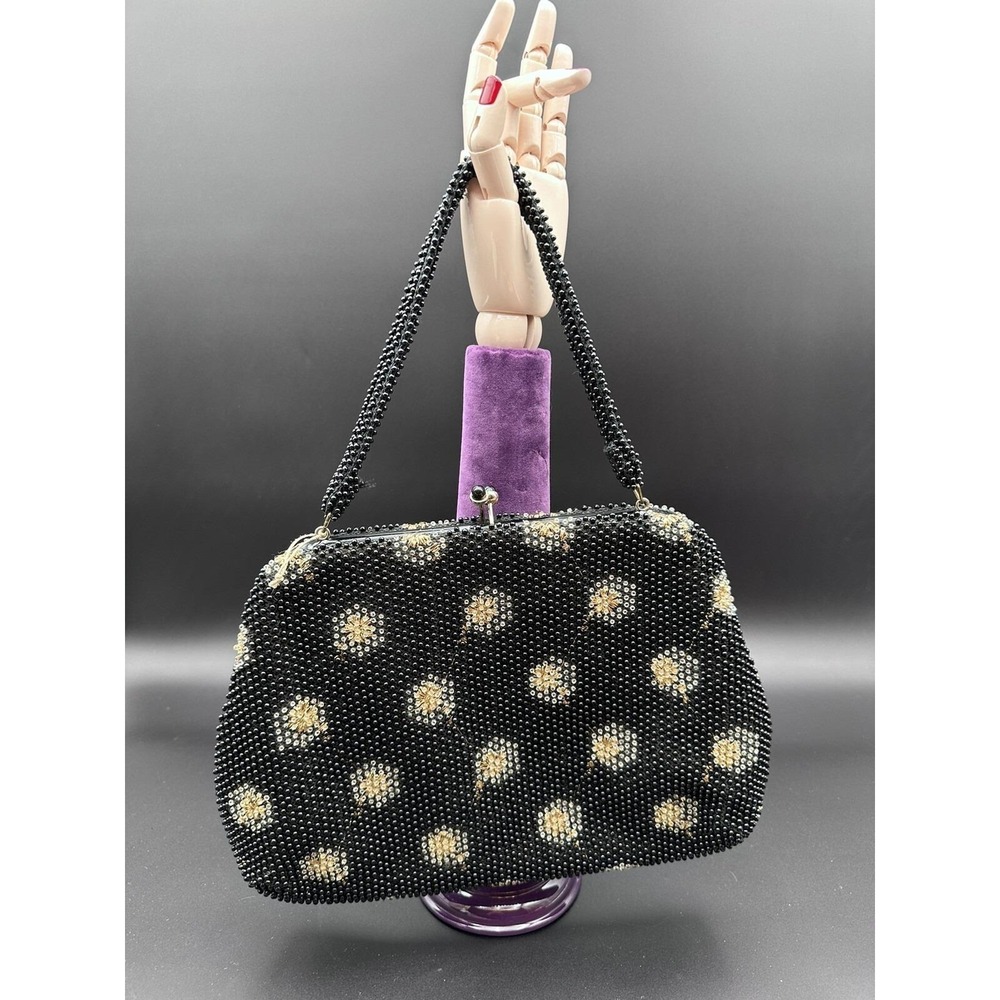 Vintage Corde‎ Bead Lumured reversible beaded handbag purse black floral pattern
